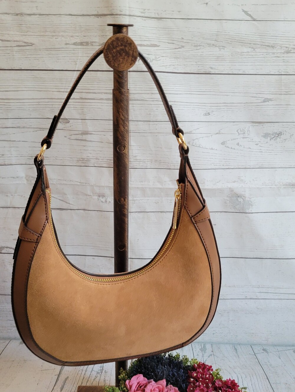 Michael Kors Tan Preston Suede and Leather Crescent Shoulder Bag - Picture 4 of 9